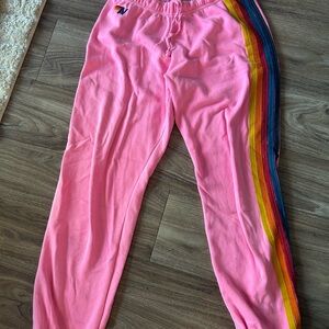 Aviator Nation Pink Joggers with Rainbow Side Stripes
